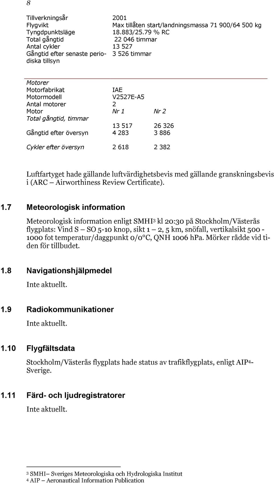 gångtid, timmar 13 517 26 326 Gångtid efter översyn 4 283 3 886 Cykler efter översyn 2 618 2 382 Luftfartyget hade gällande luftvärdighetsbevis med gällande granskningsbevis i (ARC Airworthiness