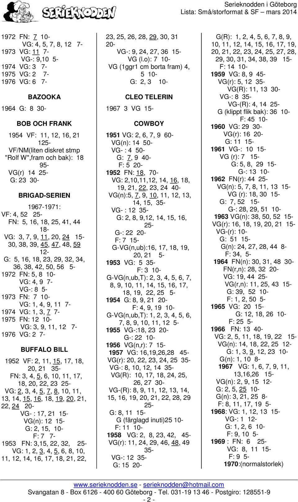 50, 56 5-1972 FN: 5, 8 VG: 4, 9 VG-: 8 5-1973 FN: 7 VG: 1, 4, 9, 11 1974 VG: 1, 3, 7 1975 FN: 12 VG: 3, 9, 11, 12 1976 VG: 2 BUFFALO BILL 1952 VF: 2, 11, 15, 17, 18, 20, 21 35- FN: 3, 4, 5, 6, 10,