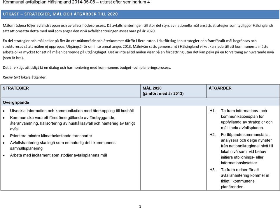 En del strategier och mål pekar på fler än ett målområde och återkommer därför i flera rutor. I slutförslag kan strategier och framförallt mål begränsas och struktureras så att målen ej upprepas.