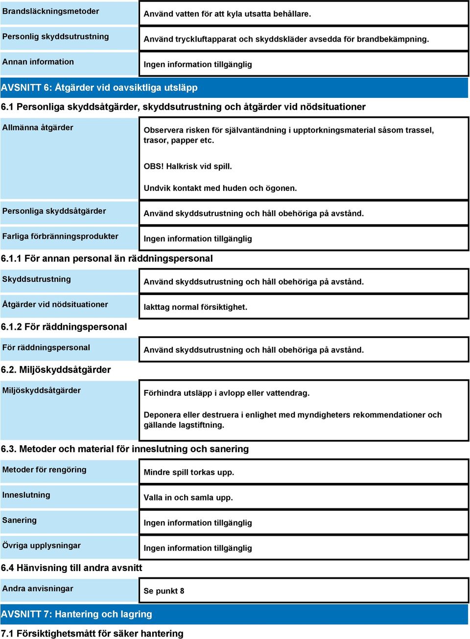 1 Personliga skyddsåtgärder, skyddsutrustning och åtgärder vid nödsituationer Allmänna åtgärder Observera risken för självantändning i upptorkningsmaterial såsom trassel, trasor, papper etc. OBS!