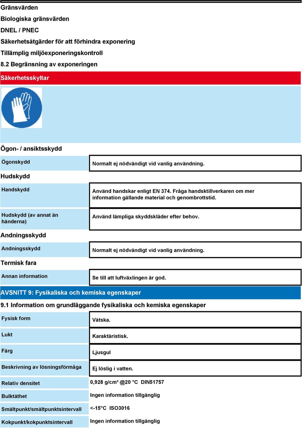 Fråga handsktillverkaren om mer information gällande material och genombrottstid. Hudskydd (av annat än händerna) Använd lämpliga skyddskläder efter behov.