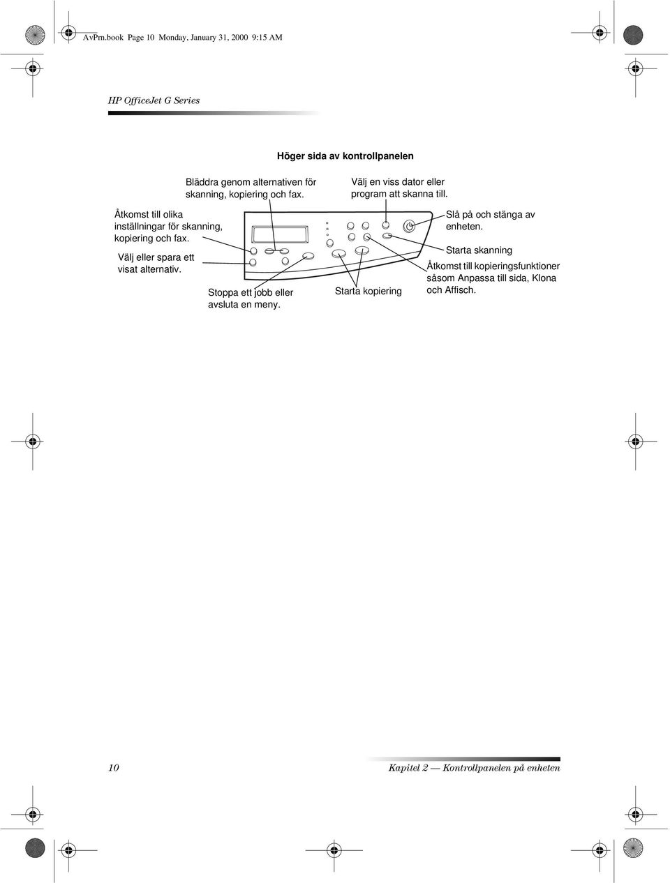 och fax. Välj en viss dator eller program att skanna till. Åtkomst till olika inställningar för skanning, kopiering och fax.