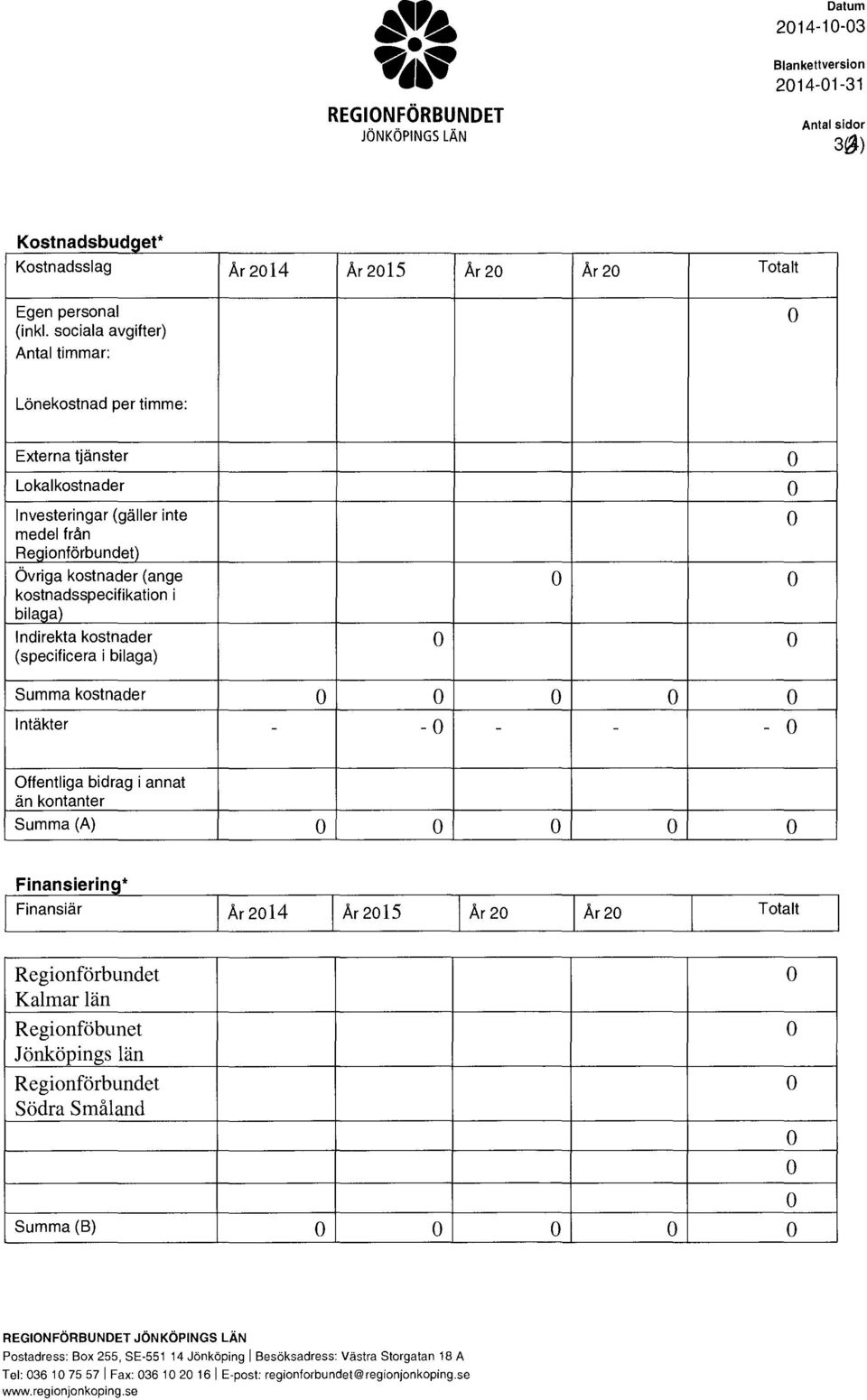 kstnader (specificera i bilaga) Summa kstnader Intäkter - -0 - - - Offentliga bidrag i annat än kntanter Summa (A) Finansierin * Finansiär Ar2014 Ar2015 Ar20 Ar20 Ttalt Reginförbundet Kalmar län