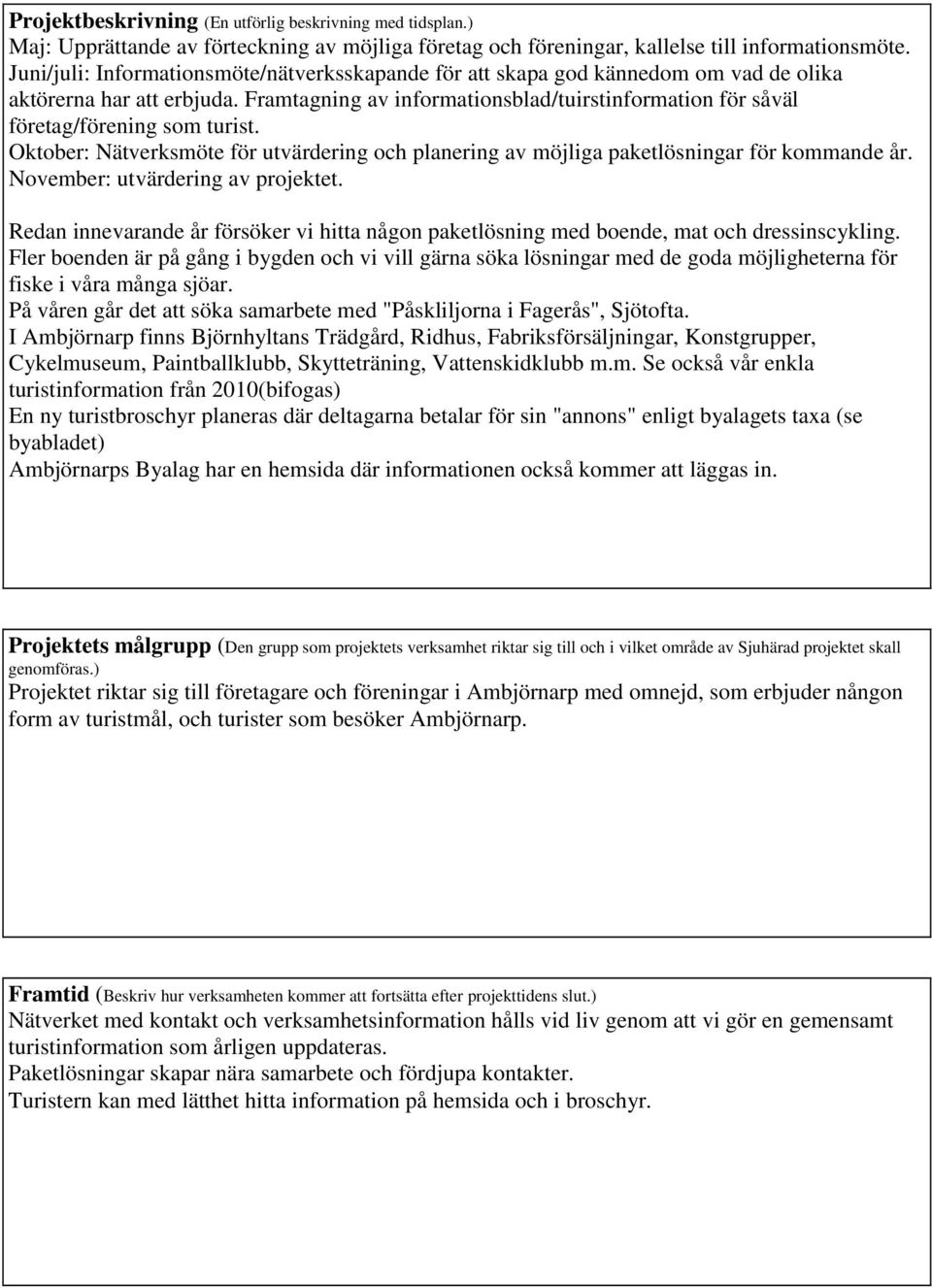 Framtagning av informationsblad/tuirstinformation för såväl företag/förening som turist. Oktober: Nätverksmöte för utvärdering och planering av möjliga paketlösningar för kommande år.