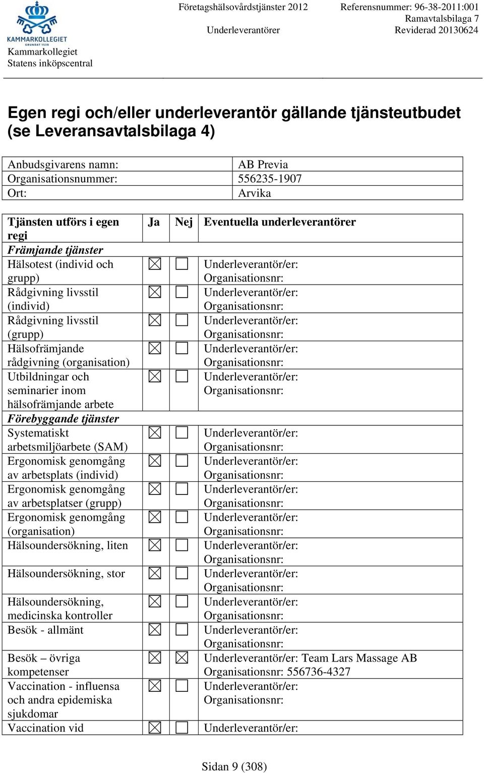 arbetsmiljöarbete (SAM) av arbetsplats (individ) av arbetsplatser (grupp) (organisation) Hälsoundersökning, liten Hälsoundersökning, stor Hälsoundersökning, medicinska kontroller