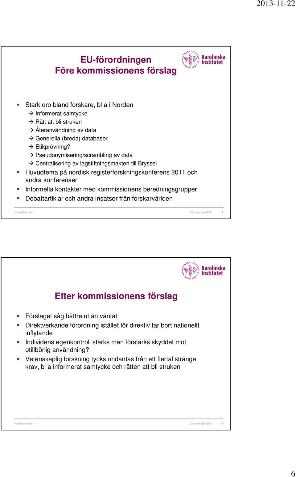 kommissionens beredningsgrupper Debattartiklar och andra insatser från forskarvärlden Namn Efternamn 22 november 2013 11 Efter kommissionens förslag Förslaget såg bättre ut än väntat Direktverkande