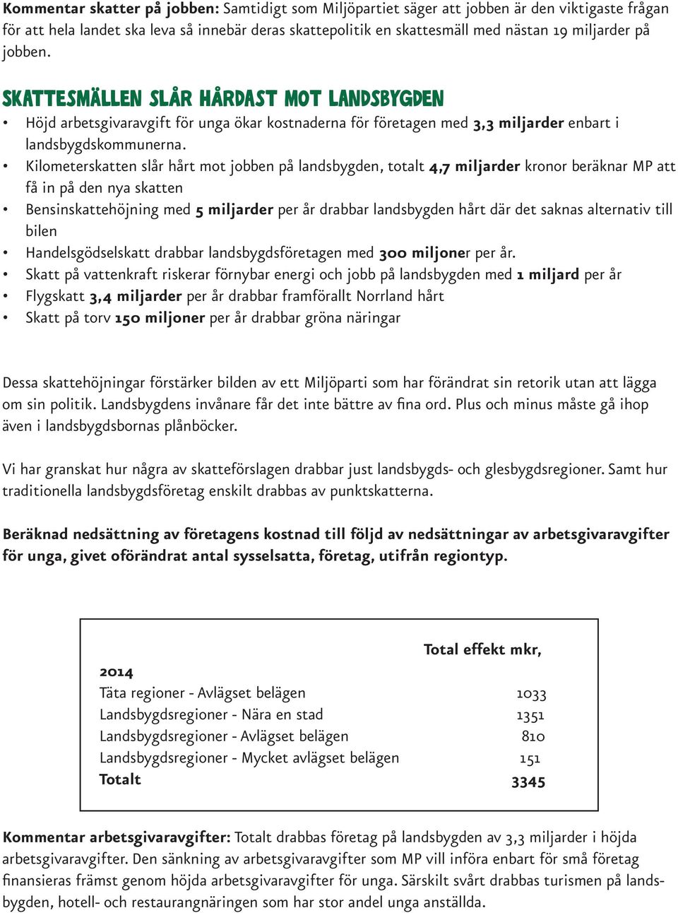 Kilometerskatten slår hårt mot jobben på landsbygden, totalt 4,7 miljarder kronor beräknar MP att få in på den nya skatten Bensinskattehöjning med 5 miljarder per år drabbar landsbygden hårt där det