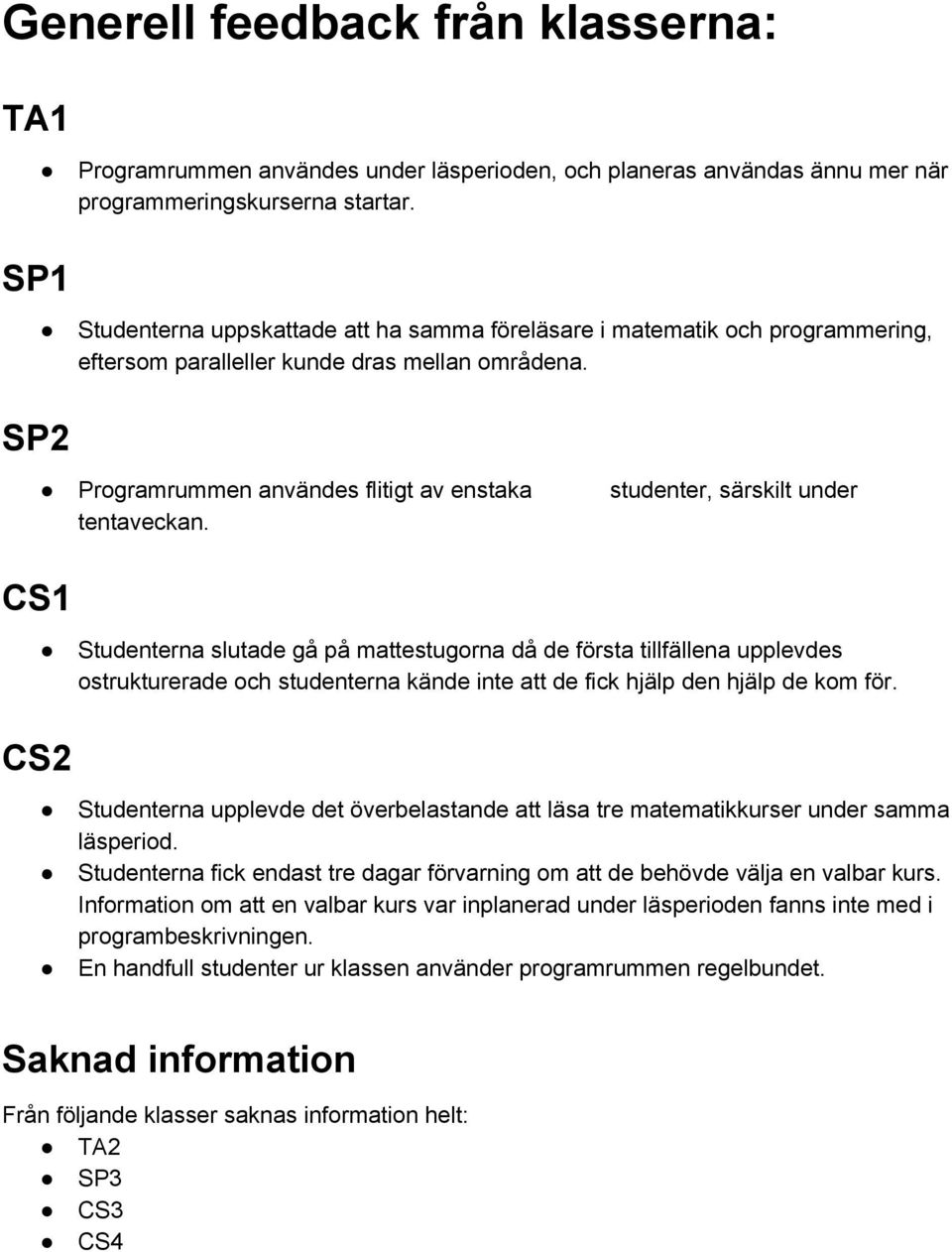 SP2 CS1 Programrummen användes flitigt av enstaka studenter, särskilt under tentaveckan.