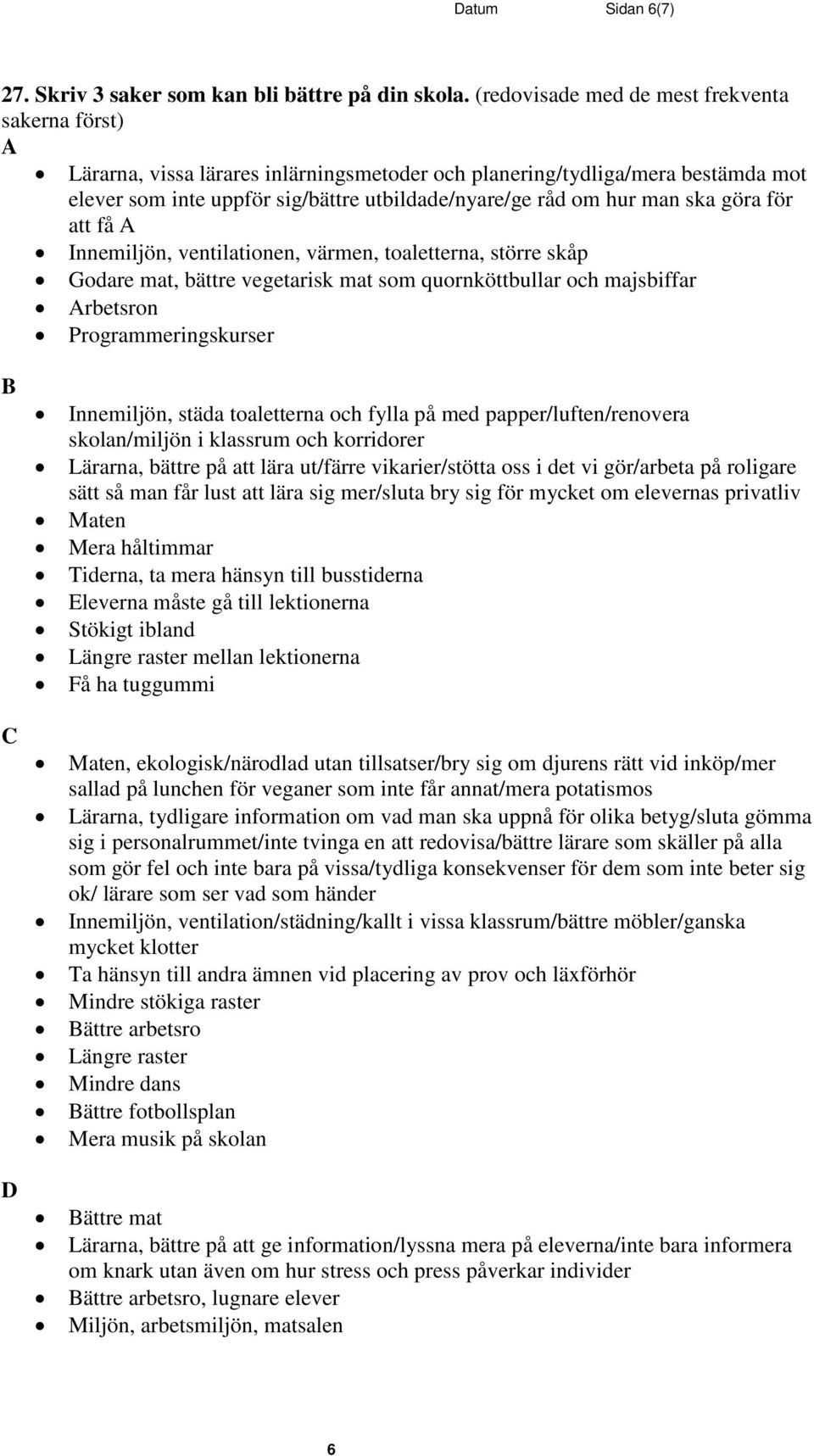 ska göra för att få A Innemiljön, ventilationen, värmen, toaletterna, större skåp Godare mat, bättre vegetarisk mat som quornköttbullar och majsbiffar Arbetsron Programmeringskurser B C D Innemiljön,