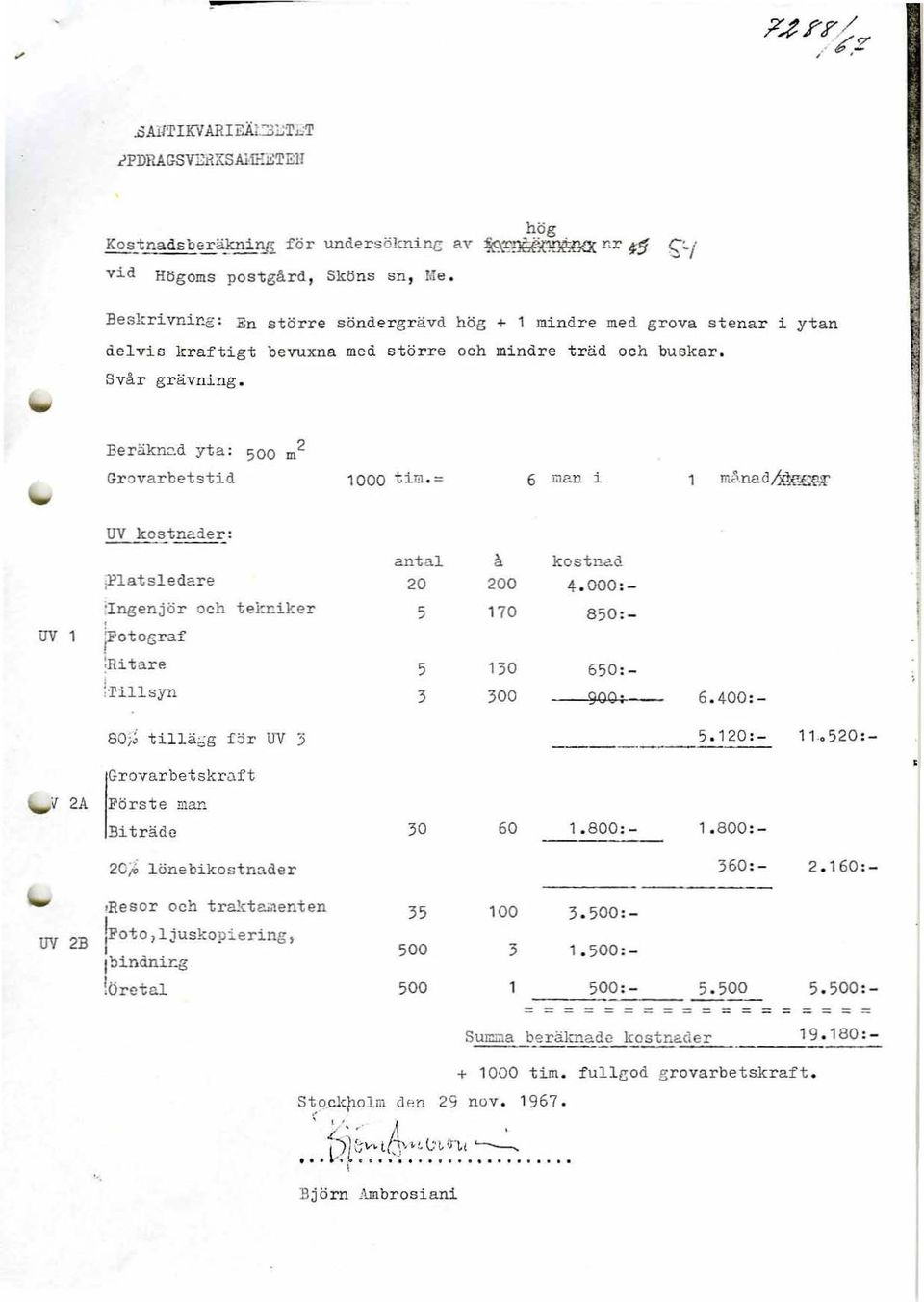 Beräkn~d yta: 00 m 2 Grovarbetstid 1000 tib.= 6 me.n i UV kostnader: UV 1 ;Platsledare :Ingenjör och tekniker. rotobraf :Ritare hillsyn antal 20 3 Ii 200 170 130 300 kostnad 4.000, 80:- 60, 900: 6.