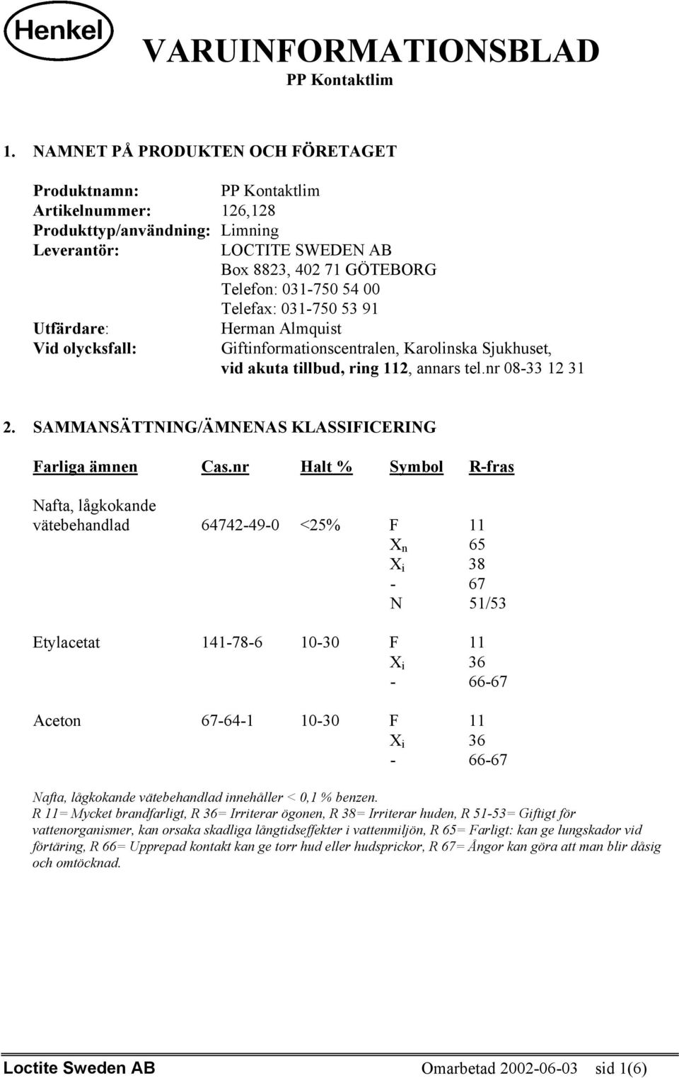 SAMMANSÄTTNING/ÄMNENAS KLASSIFICERING Farliga ämnen Cas.