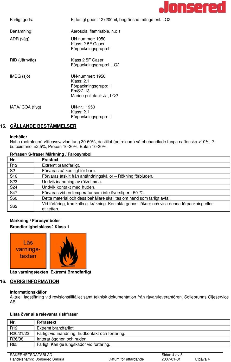 GÄLLANDE BESTÄMMELSER Inehåller Nafta (petroleum) väteavsvavlad tung 30-60%, destillat (petroleum) vätebehandlade tunga naftenska <10%, 2- butoxietanol <2,5%, Propan 10-30%, Butan 10-30%.