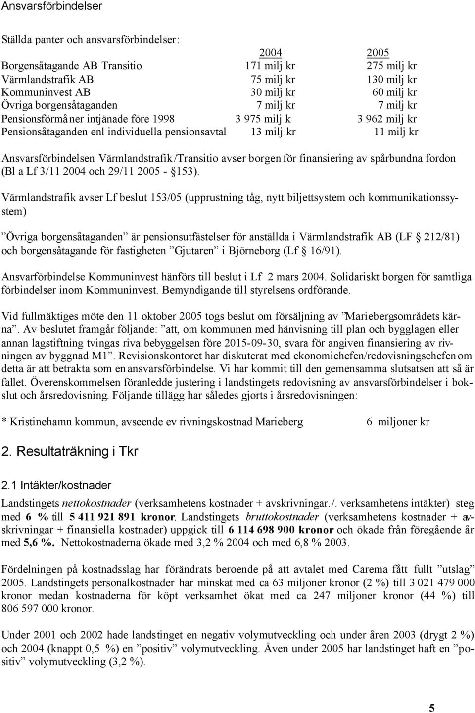 Ansvarsförbindelsen Värmlandstrafik/Transitio avser borgen för finansiering av spårbundna fordon (Bl a Lf 3/11 2004 och 29/11 2005-153).