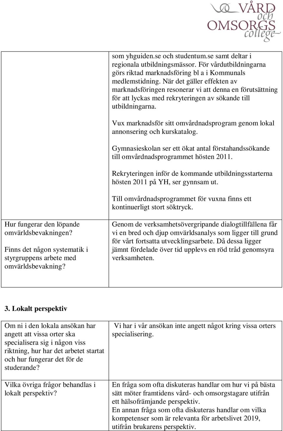 Vux marknadsför sitt omvårdnadsprogram genom lokal annonsering och kurskatalog. Gymnasieskolan ser ett ökat antal förstahandssökande till omvårdnadsprogrammet hösten 2011.