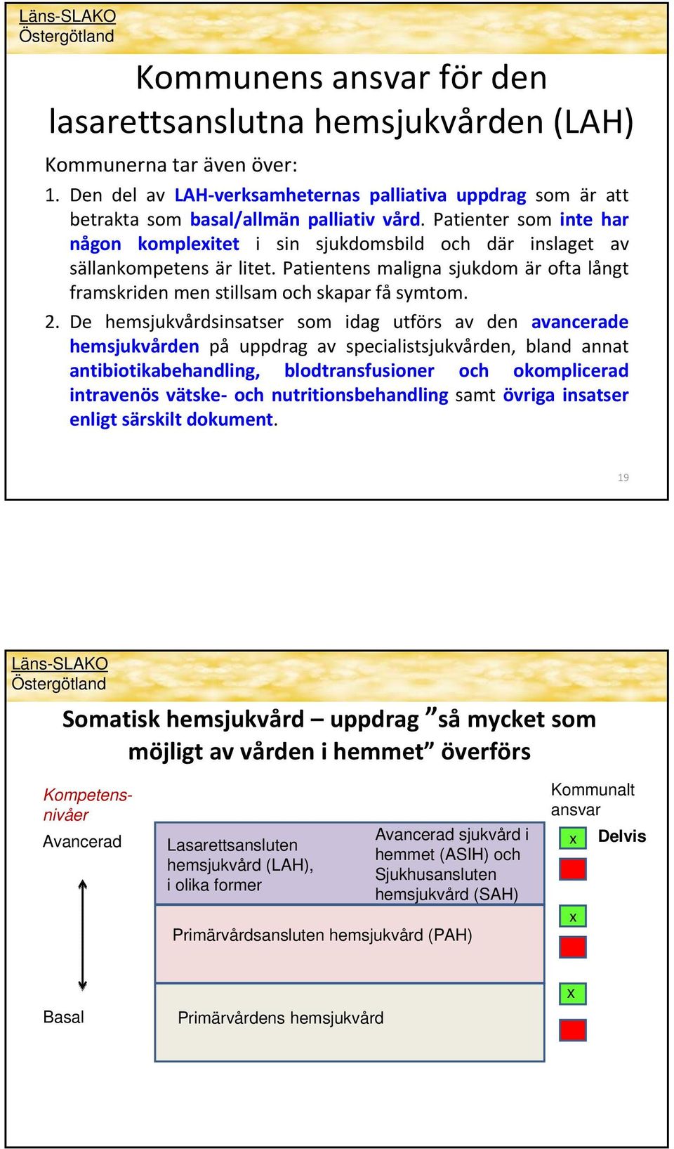 De hemsjukvårdsinsatser som idag utförs av den avancerade hemsjukvården på uppdrag av specialistsjukvården, bland annat antibiotikabehandling, blodtransfusioner och okomplicerad intravenös vätske och