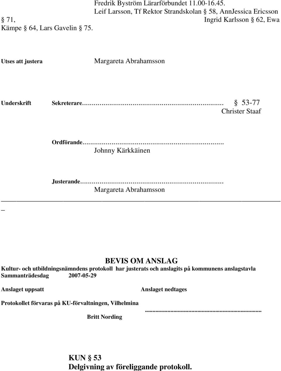 Utses att justera Margareta Abrahamsson Underskrift Sekreterare... 53-77 Christer Staaf Ordförande... Johnny Kärkkäinen Justerande.