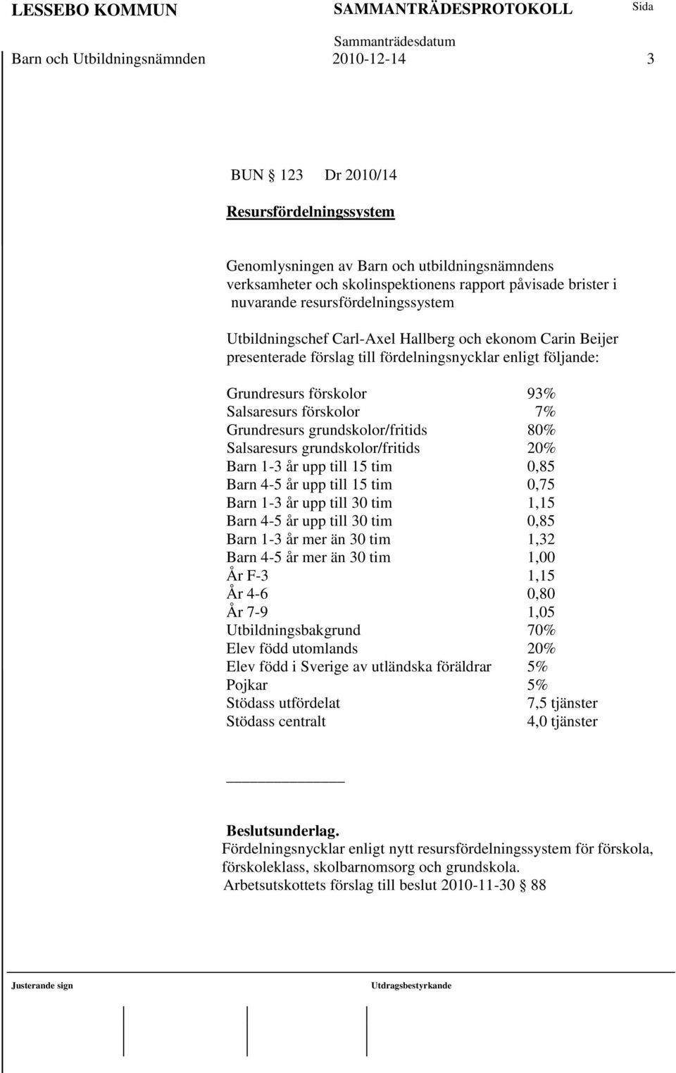 förskolor 7% Grundresurs grundskolor/fritids 80% Salsaresurs grundskolor/fritids 20% Barn 1-3 år upp till 15 tim 0,85 Barn 4-5 år upp till 15 tim 0,75 Barn 1-3 år upp till 30 tim 1,15 Barn 4-5 år upp