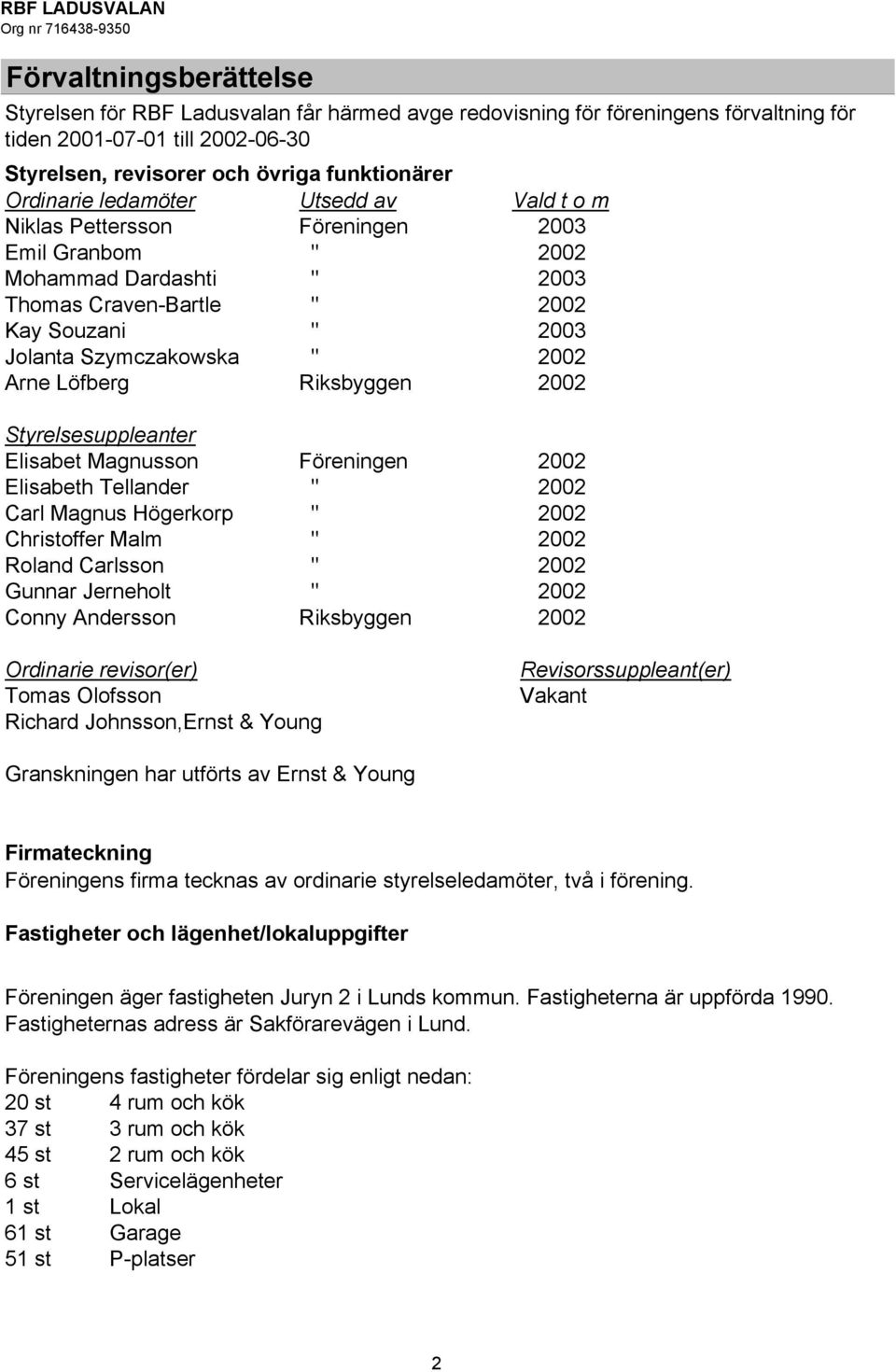 Riksbyggen 2002 Styrelsesuppleanter Elisabet Magnusson Föreningen 2002 Elisabeth Tellander " 2002 Carl Magnus Högerkorp " 2002 Christoffer Malm " 2002 Roland Carlsson " 2002 Gunnar Jerneholt " 2002