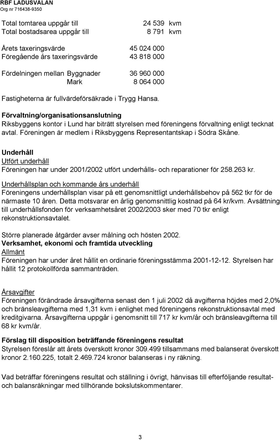 Föreningen är medlem i Riksbyggens Representantskap i Södra Skåne. Underhåll Utfört underhåll Föreningen har under 2001/2002 utfört underhålls- och reparationer för 258.263 kr.