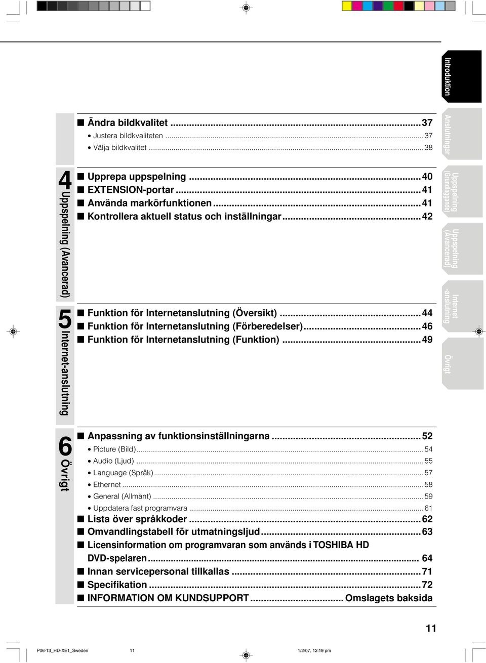 ..46 n Funktion för Internetanslutning (Funktion)...49 Uppspelning (Grundläggande) Uppspelning Internet (Avancerad) -anslutning Övrigt 6 Övrigt n Anpassning av funktionsinställningarna.