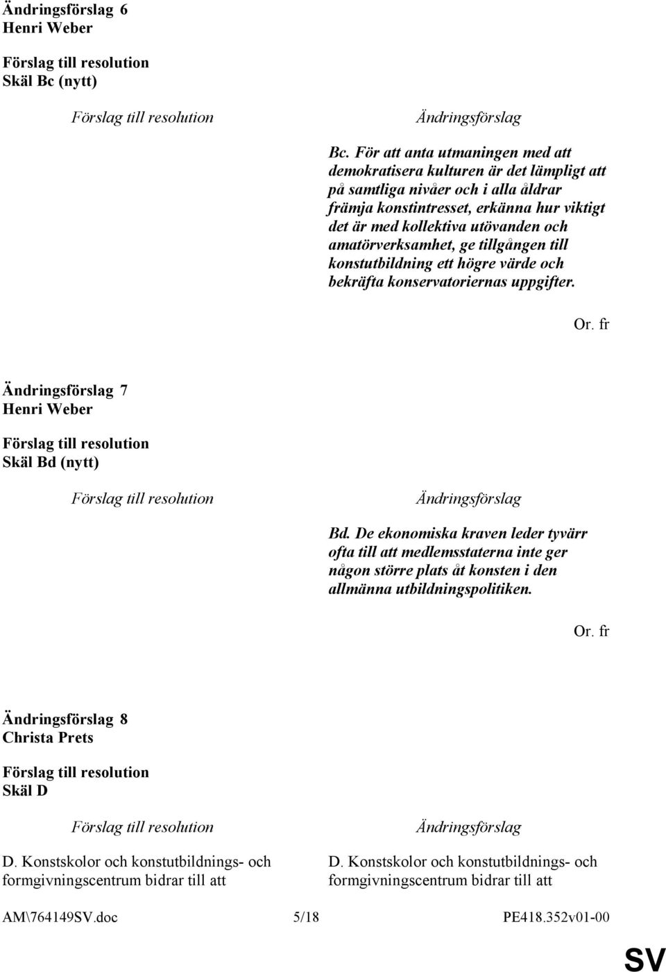 utövanden och amatörverksamhet, ge tillgången till konstutbildning ett högre värde och bekräfta konservatoriernas uppgifter. 7 Henri Weber Skäl Bd (nytt) Bd.