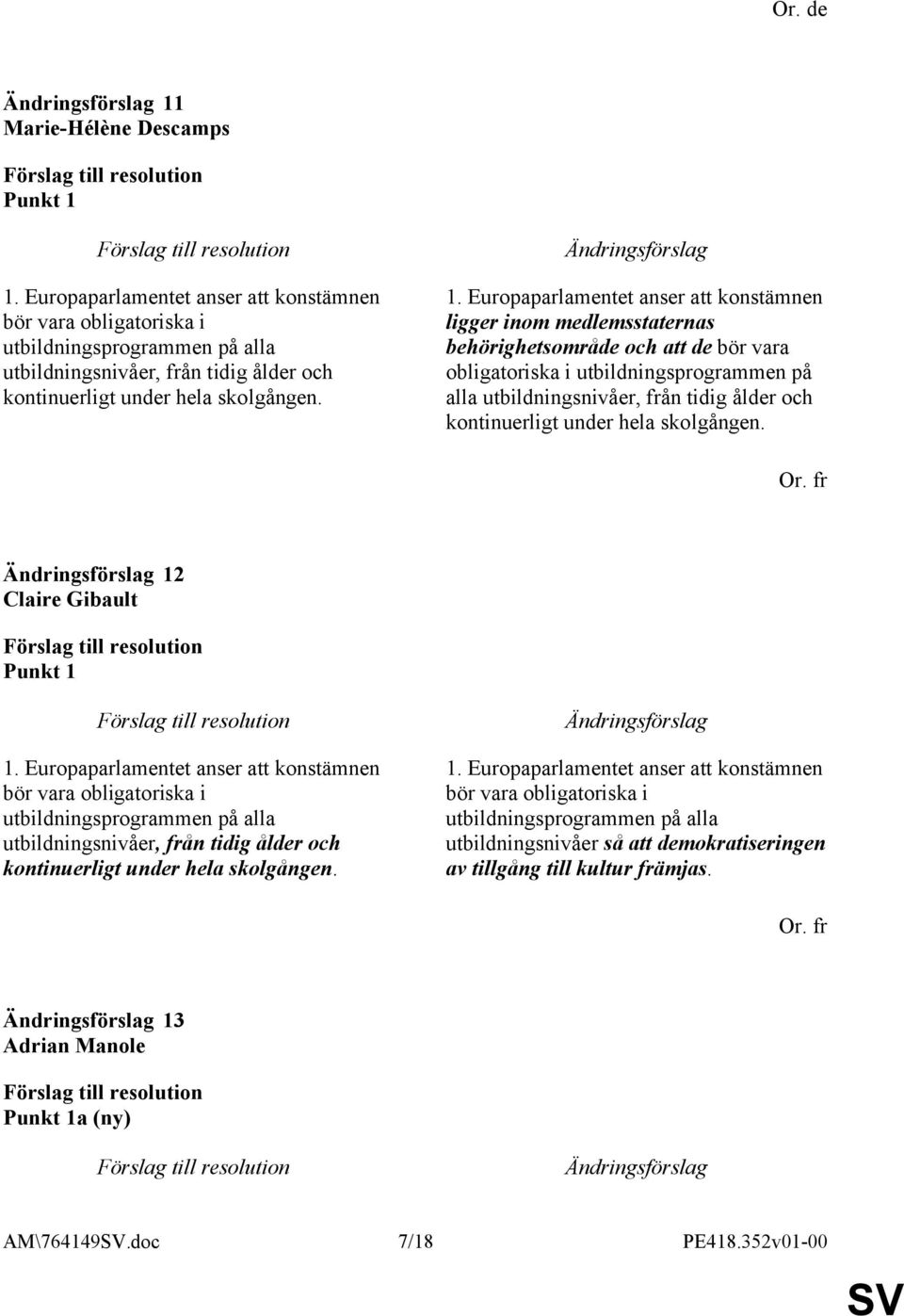 Europaparlamentet anser att konstämnen ligger inom medlemsstaternas behörighetsområde och att de bör vara obligatoriska i utbildningsprogrammen på alla utbildningsnivåer, från tidig ålder och