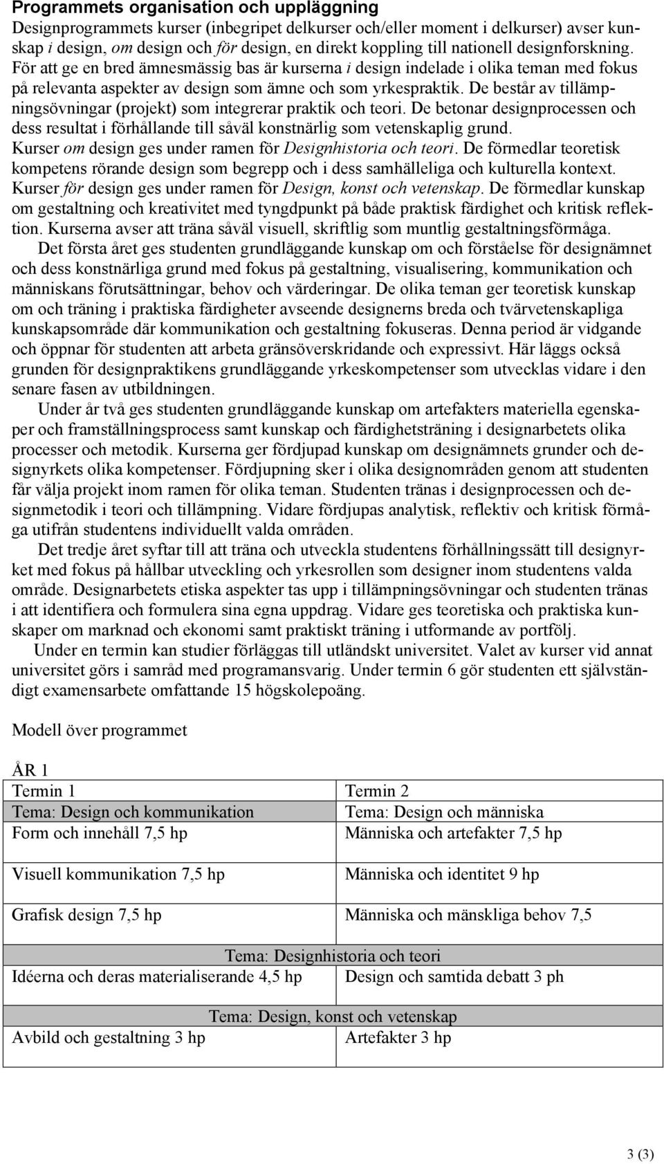 De består av tillämpningsövningar (projekt) som integrerar praktik och teori. De betonar designprocessen och dess resultat i förhållande till såväl konstnärlig som vetenskaplig grund.