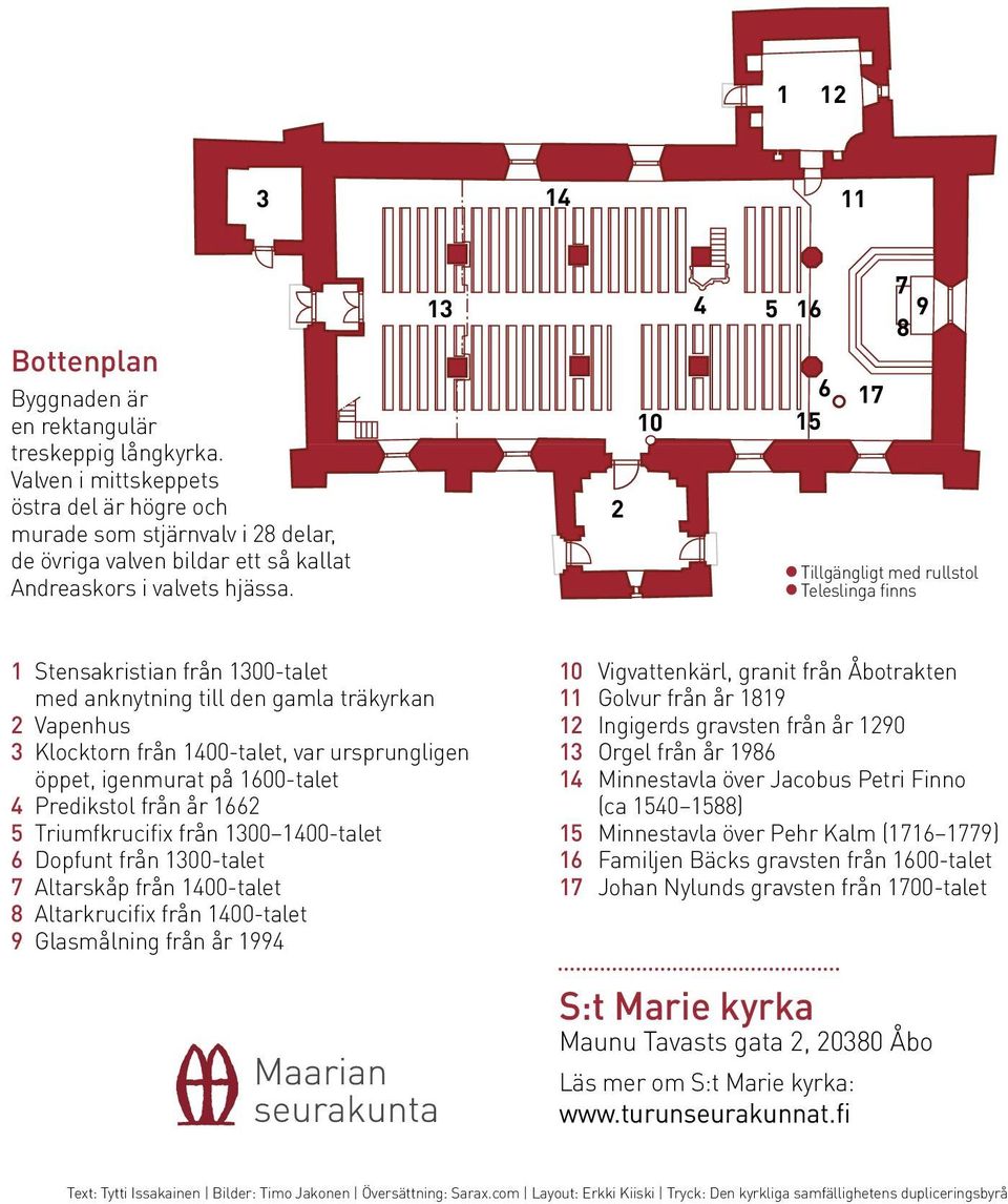 13 2 10 4 5 16 6 15 17 7 8 9 Tillgängligt med rullstol Teleslinga finns 1 Stensakristian från 1300-talet med anknytning till den gamla träkyrkan 2 Vapenhus 3 Klocktorn från 1400-talet, var
