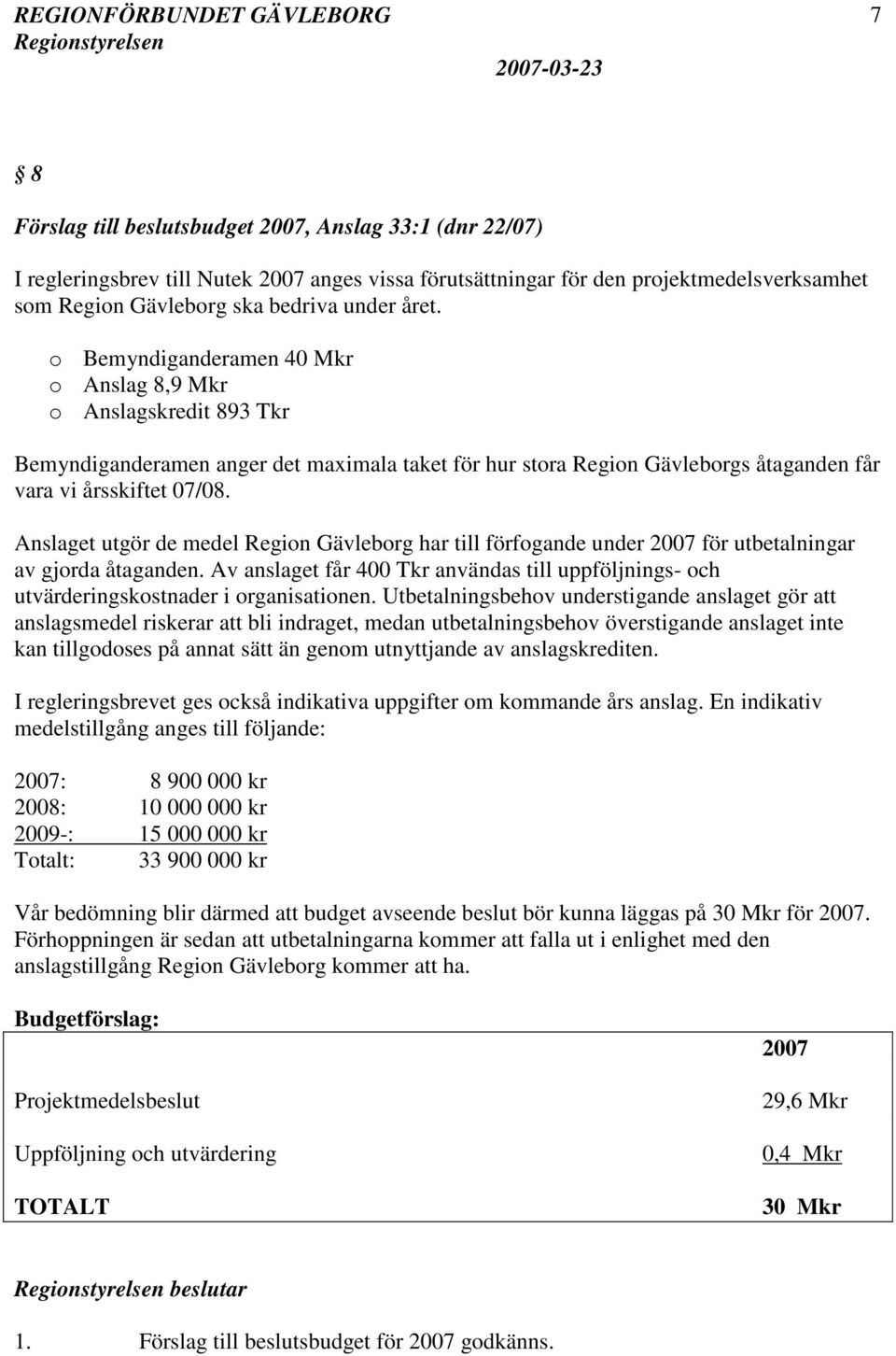 Anslaget utgör de medel Region Gävleborg har till förfogande under 2007 för utbetalningar av gjorda åtaganden.