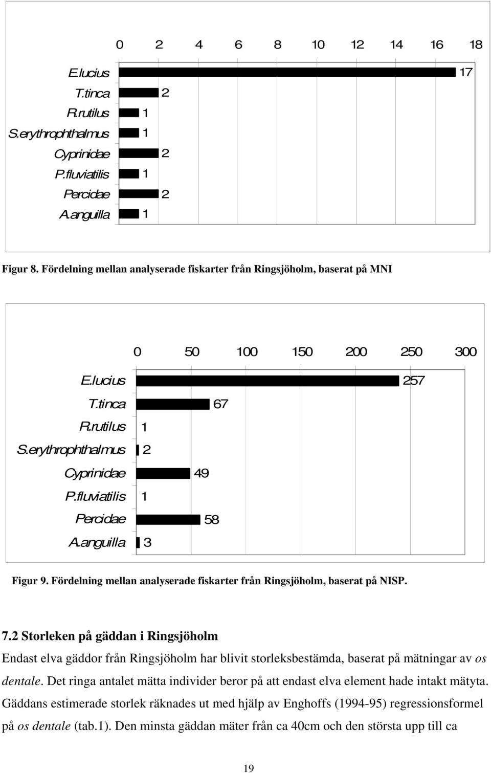 anguilla 1 2 1 3 49 58 67 257 Figur 9. Fördelning mellan analyserade fiskarter från Ringsjöholm, baserat på NISP. 7.