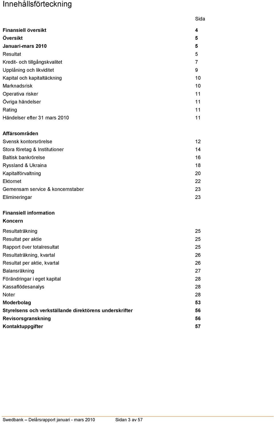 Kapitalförvaltning 20 Ektornet 22 Gemensam service & koncernstaber 23 Elimineringar 23 Finansiell information Koncern Resultaträkning 25 Resultat per aktie 25 Rapport över totalresultat 25