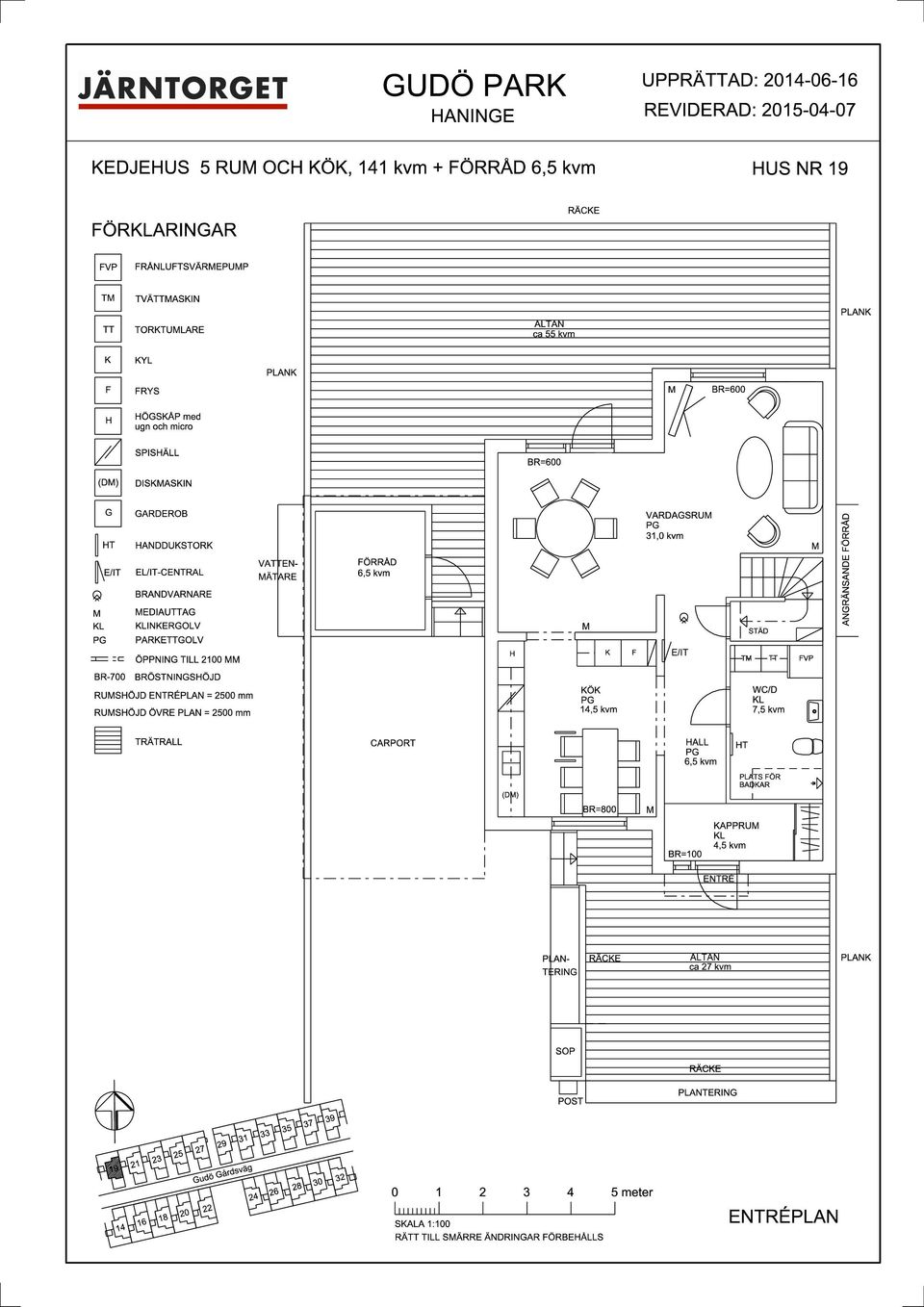 ÖPPNIN TILL 2100 T VP BR-700 BRÖSTNINSÖJD RUSÖJD ENTRÉPLAN = 2500 mm RUSÖJD ÖVRE PLAN = 2500 mm Ö 14,5 kvm 7,5 kvm CARPORT ALL PLATS ÖR