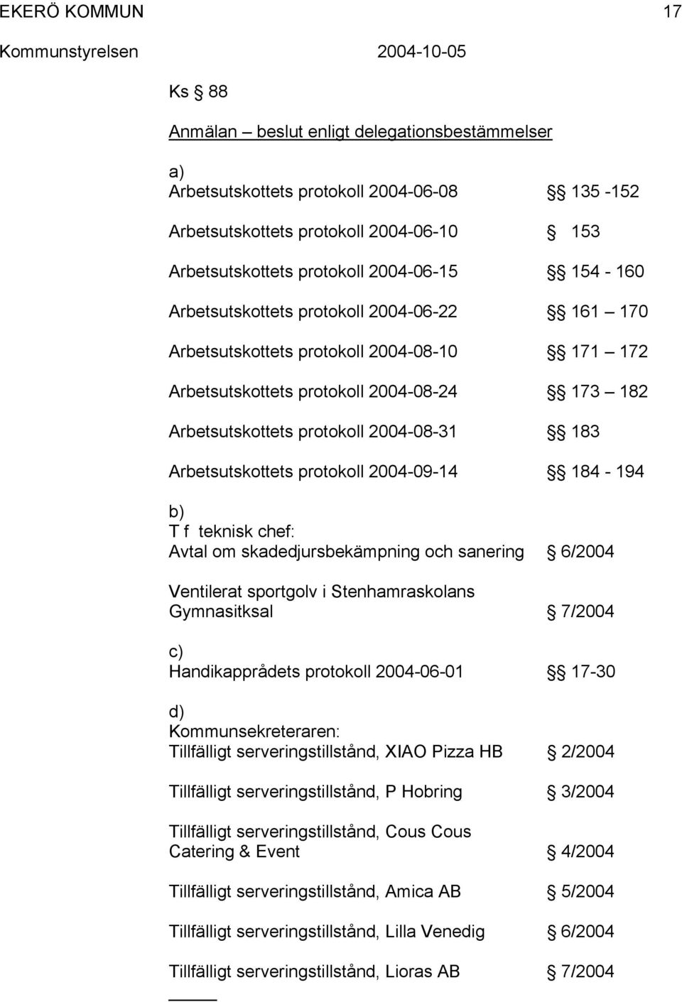 protokoll 2004-09-14 184-194 b) T f teknisk chef: Avtal om skadedjursbekämpning och sanering 6/2004 Ventilerat sportgolv i Stenhamraskolans Gymnasitksal 7/2004 c) Handikapprådets protokoll 2004-06-01