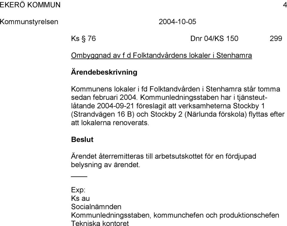 Kommunledningsstaben har i tjänsteutlåtande 2004-09-21 föreslagit att verksamheterna Stockby 1 (Strandvägen 16 B) och Stockby 2