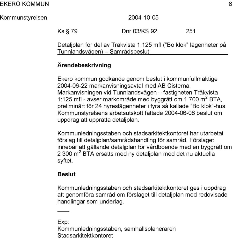 Markanvisningen vid Tunnlandsvägen fastigheten Träkvista 1:125 mfl - avser markområde med byggrätt om 1 700 m 2 BTA, preliminärt för 24 hyreslägenheter i fyra så kallade Bo klok -hus.