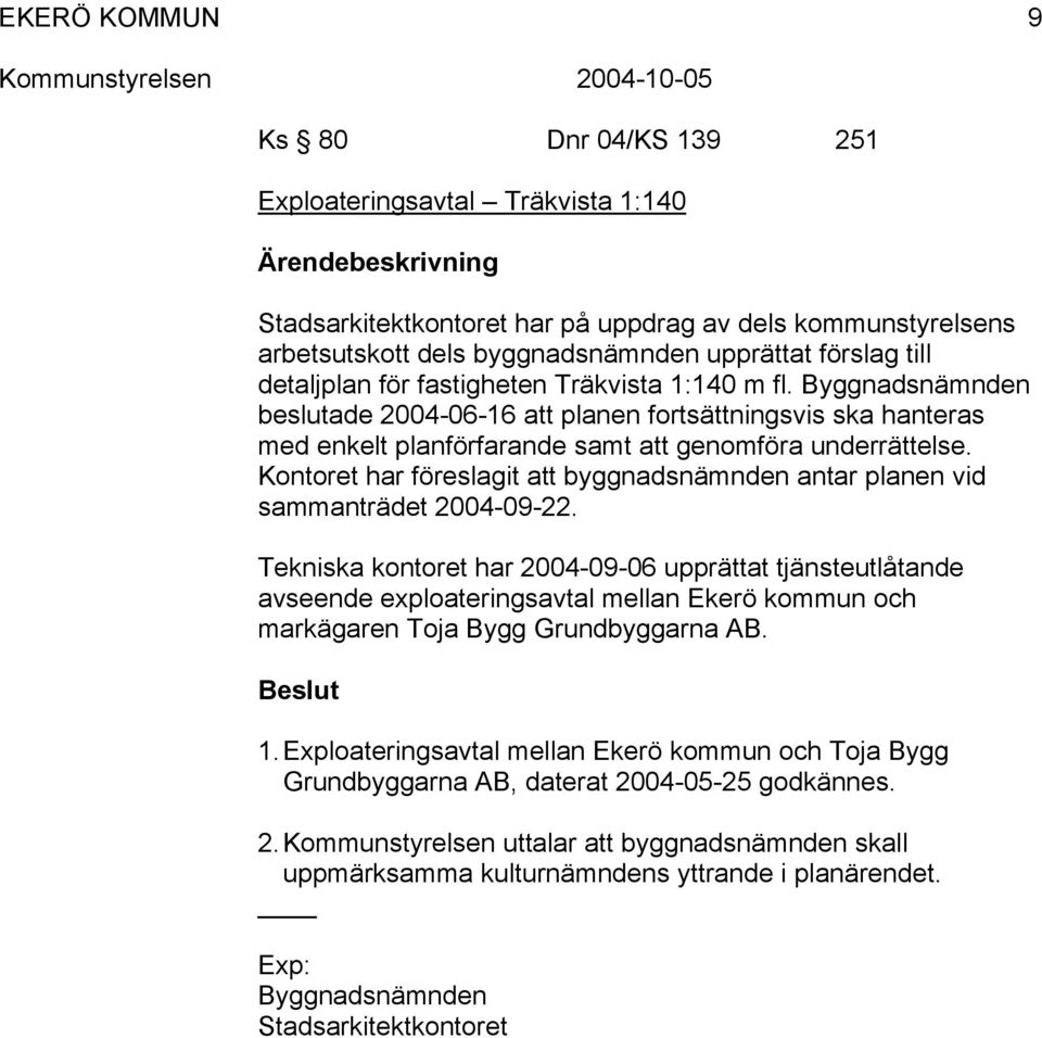 Kontoret har föreslagit att byggnadsnämnden antar planen vid sammanträdet 2004-09-22.