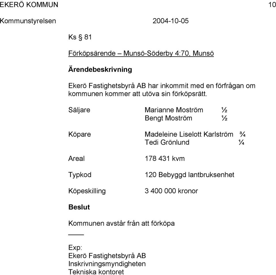 Säljare Marianne Moström ½ Bengt Moström ½ Köpare Areal Typkod Köpeskilling Madeleine Liselott Karlström ¾