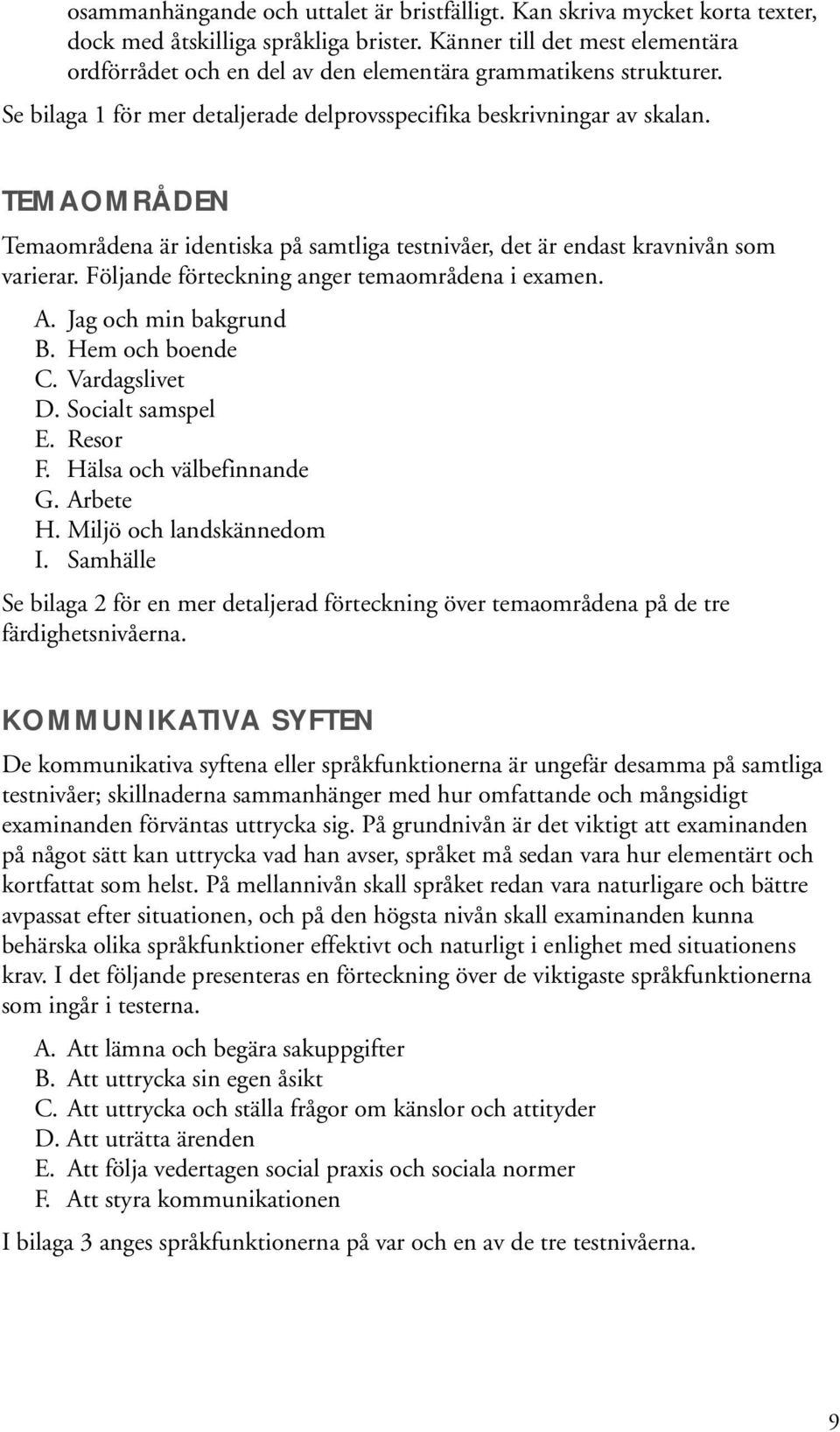 TEMAOMRÅDEN Temaområdena är identiska på samtliga testnivåer, det är endast kravnivån som varierar. Följande förteckning anger temaområdena i examen. A. Jag och min bakgrund B. Hem och boende C.