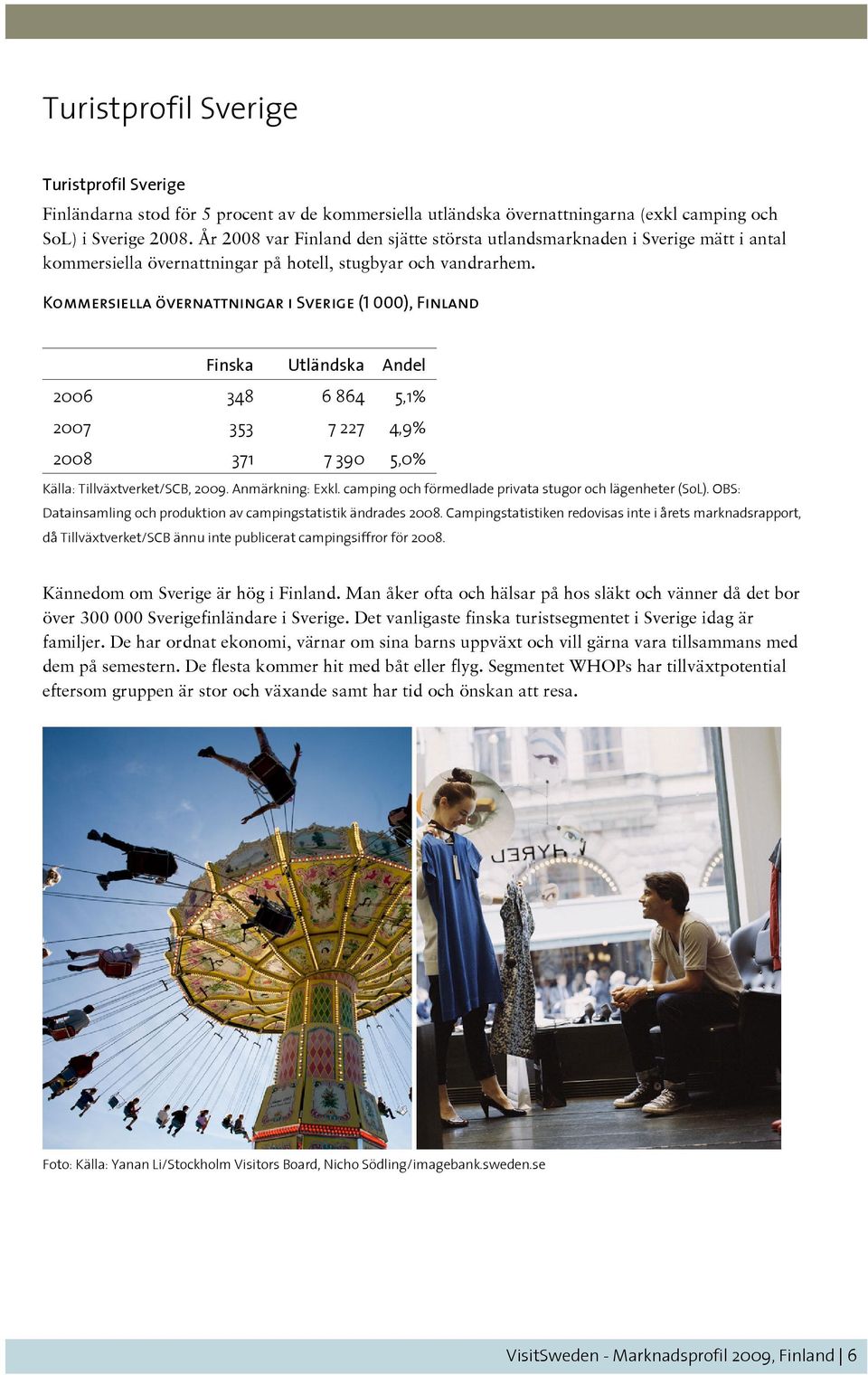 Kommersiella övernattningar i Sverige (1 000), Finland Finska Utländska Andel 2006 348 6 864 5,1% 2007 353 7 227 4,9% 2008 371 7 390 5,0% Källa: Tillväxtverket/SCB, 2009. Anmärkning: Exkl.