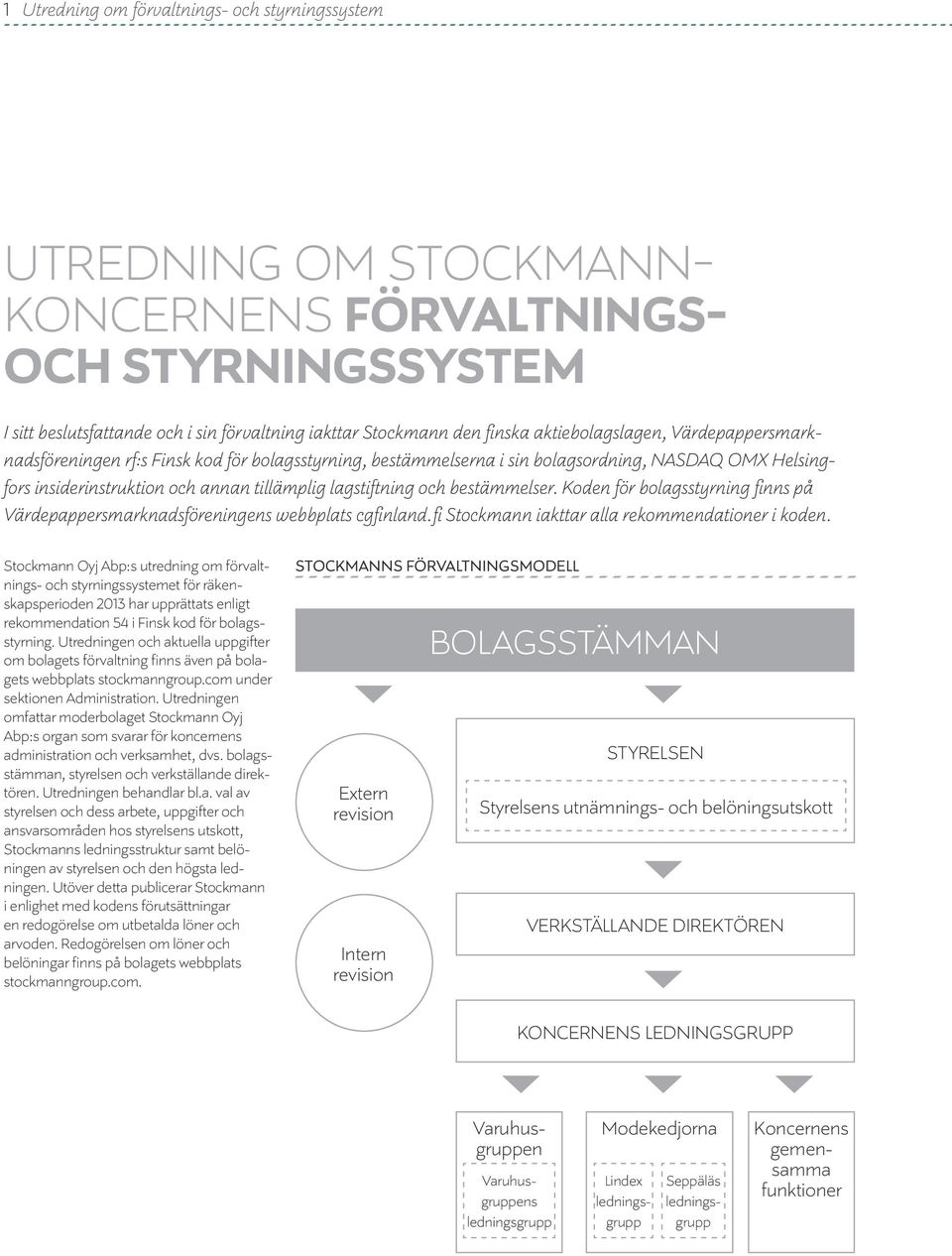 bestämmelser. Koden för bolagsstyrning finns på Värdepappersmarknadsföreningens webbplats cgfinland.fi Stockmann iakttar alla rekommendationer i koden.