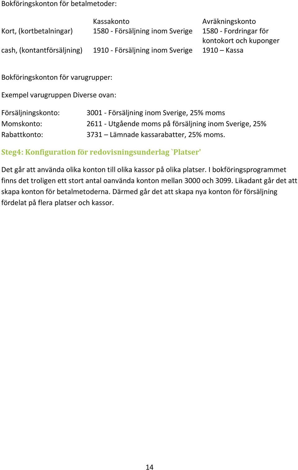 försäljning inom Sverige, 25% Rabattkonto: 3731 Lämnade kassarabatter, 25% moms.