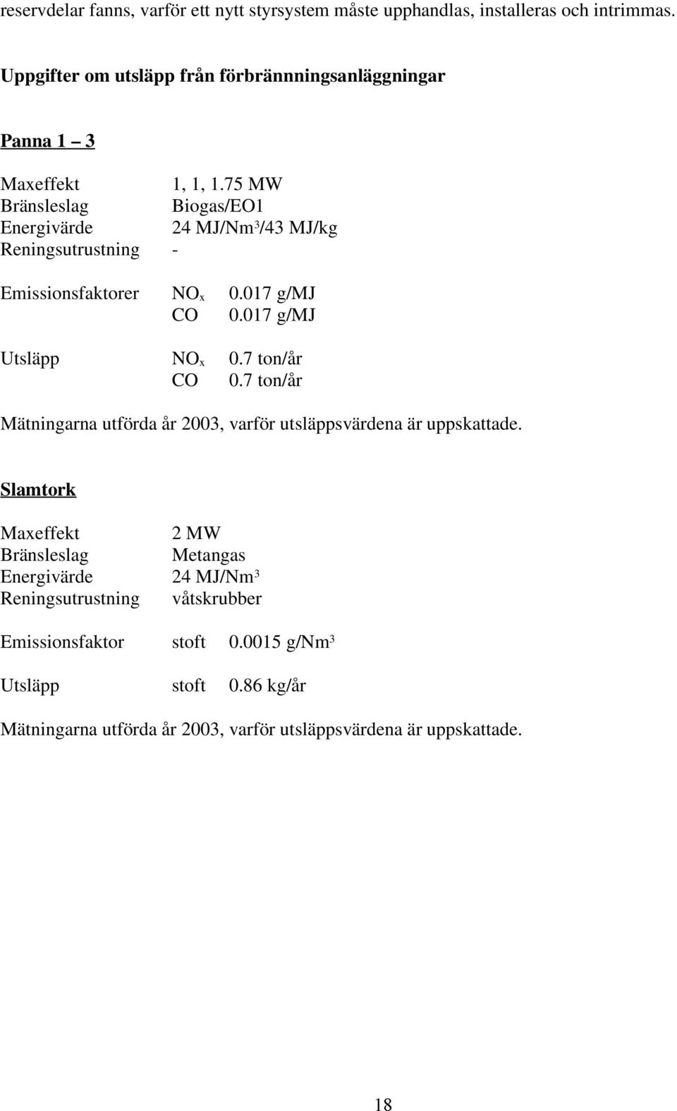 75 MW Bränsleslag Biogas/EO1 Energivärde 24 MJ/Nm 3 /43 MJ/kg Reningsutrustning - Emissionsfaktorer NO x 0.017 g/mj CO 0.017 g/mj Utsläpp NO x 0.7 ton/år CO 0.