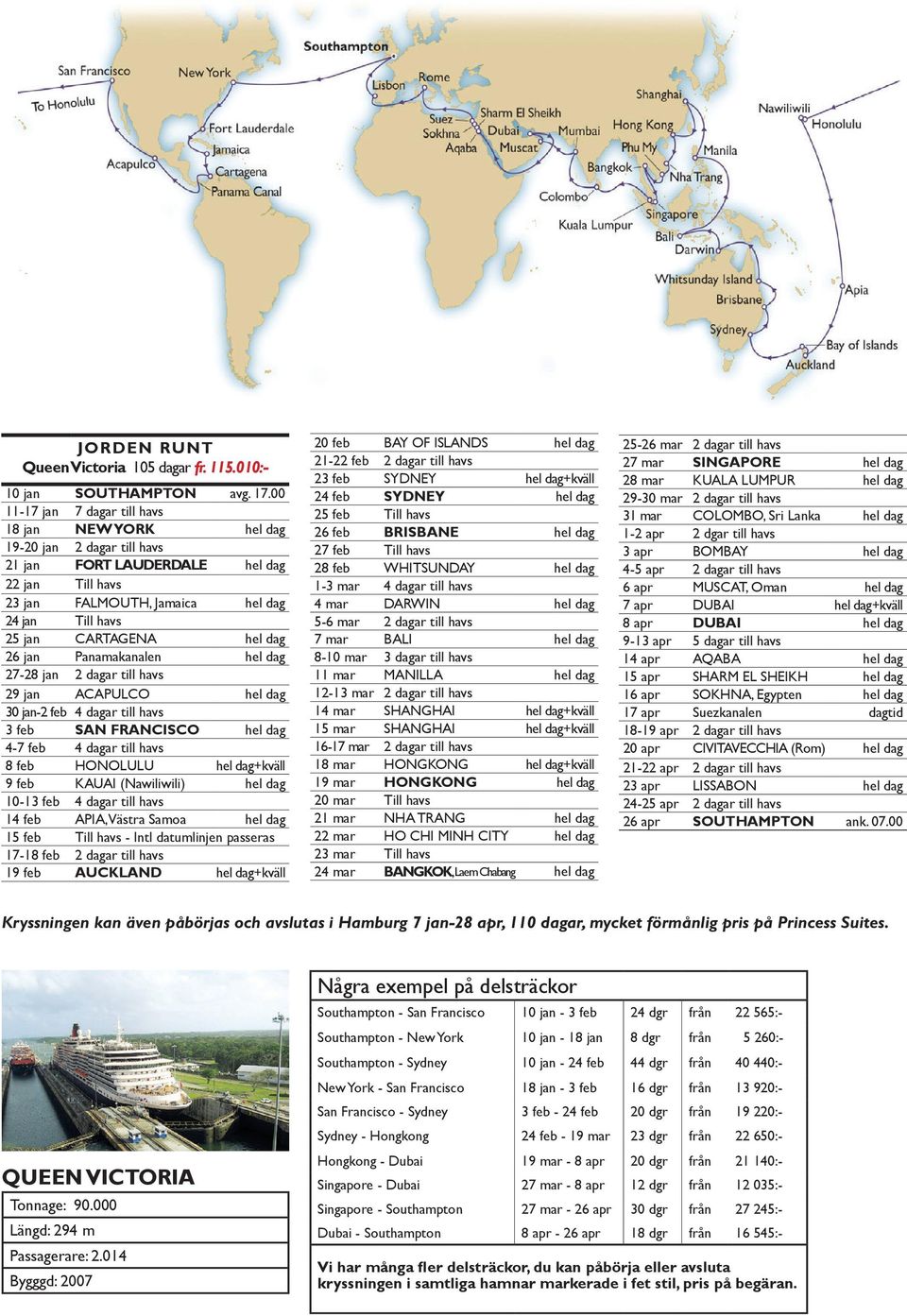 hel dag 26 jan Panamakanalen hel dag 27-28 jan 2 dagar till havs 29 jan ACAPULCO hel dag 30 jan-2 feb 4 dagar till havs 3 feb SAN FRANCISCO hel dag 4-7 feb 4 dagar till havs 8 feb HONOLULU hel