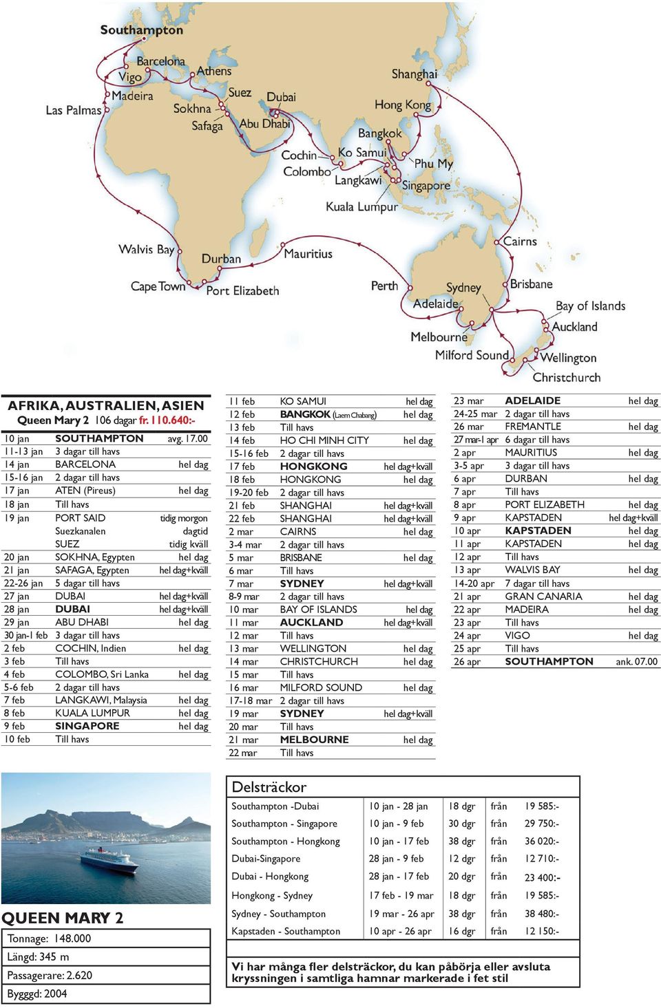 jan SOKHNA, Egypten hel dag 21 jan SAFAGA, Egypten hel dag+kväll 22-26 jan 5 dagar till havs 27 jan DUBAI hel dag+kväll 28 jan DUBAI hel dag+kväll 29 jan ABU DHABI hel dag 30 jan-1 feb 3 dagar till