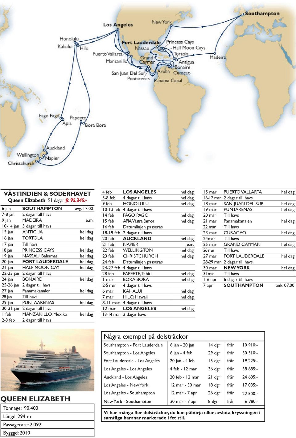 CAY hel dag 22-23 jan 2 dagar till havs 24 jan BONAIRE hel dag 25-26 jan 2 dagar till havs 27 jan Panamakanalen hel dag 28 jan Till havs 29 jan PUNTAARENAS hel dag 30-31 jan 2 dagar till havs 1 feb