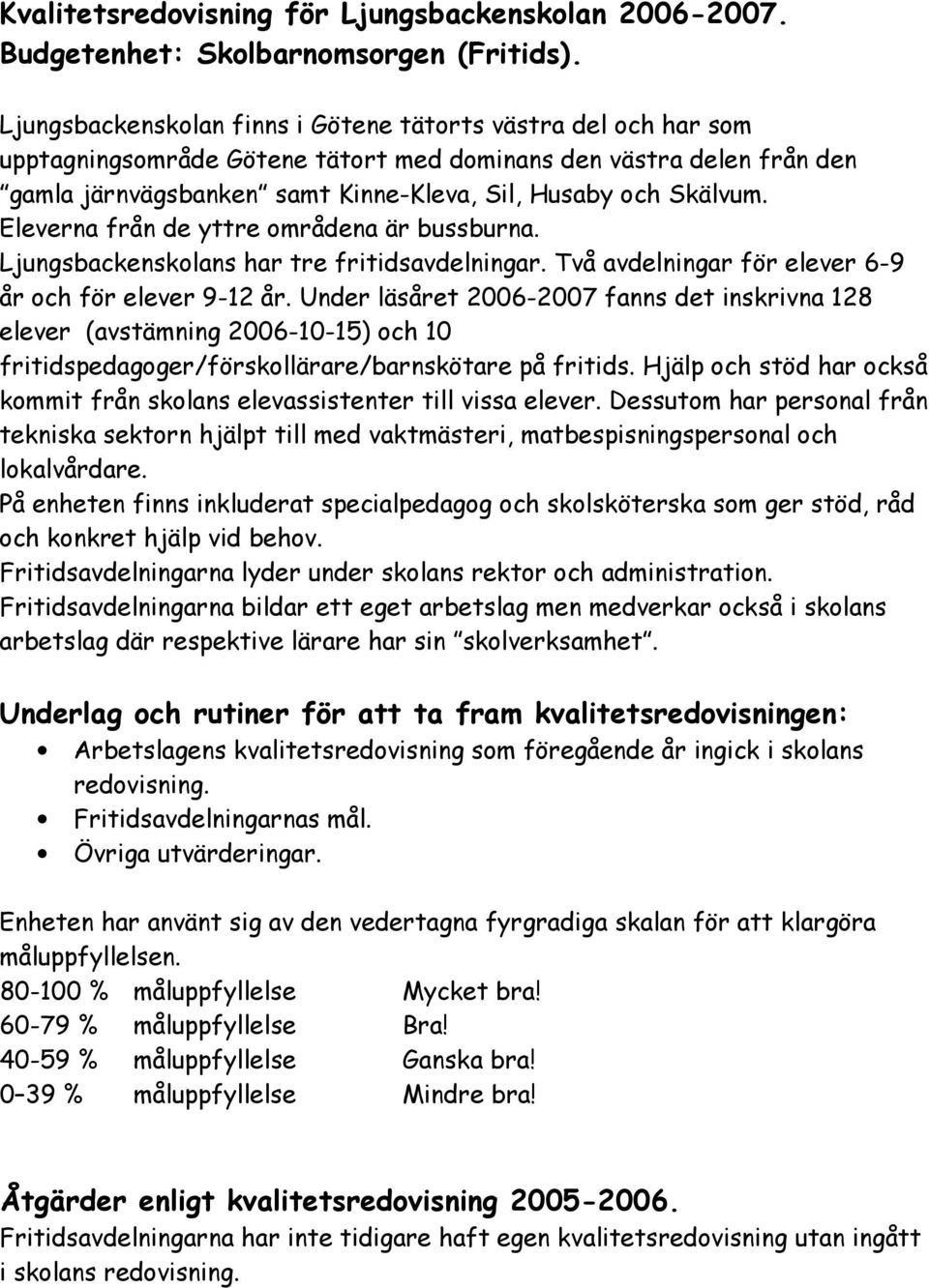 Eleverna från de yttre områdena är bussburna. Ljungsbackenskolans har tre fritidsavdelningar. Två avdelningar för elever 6-9 år och för elever 9-12 år.