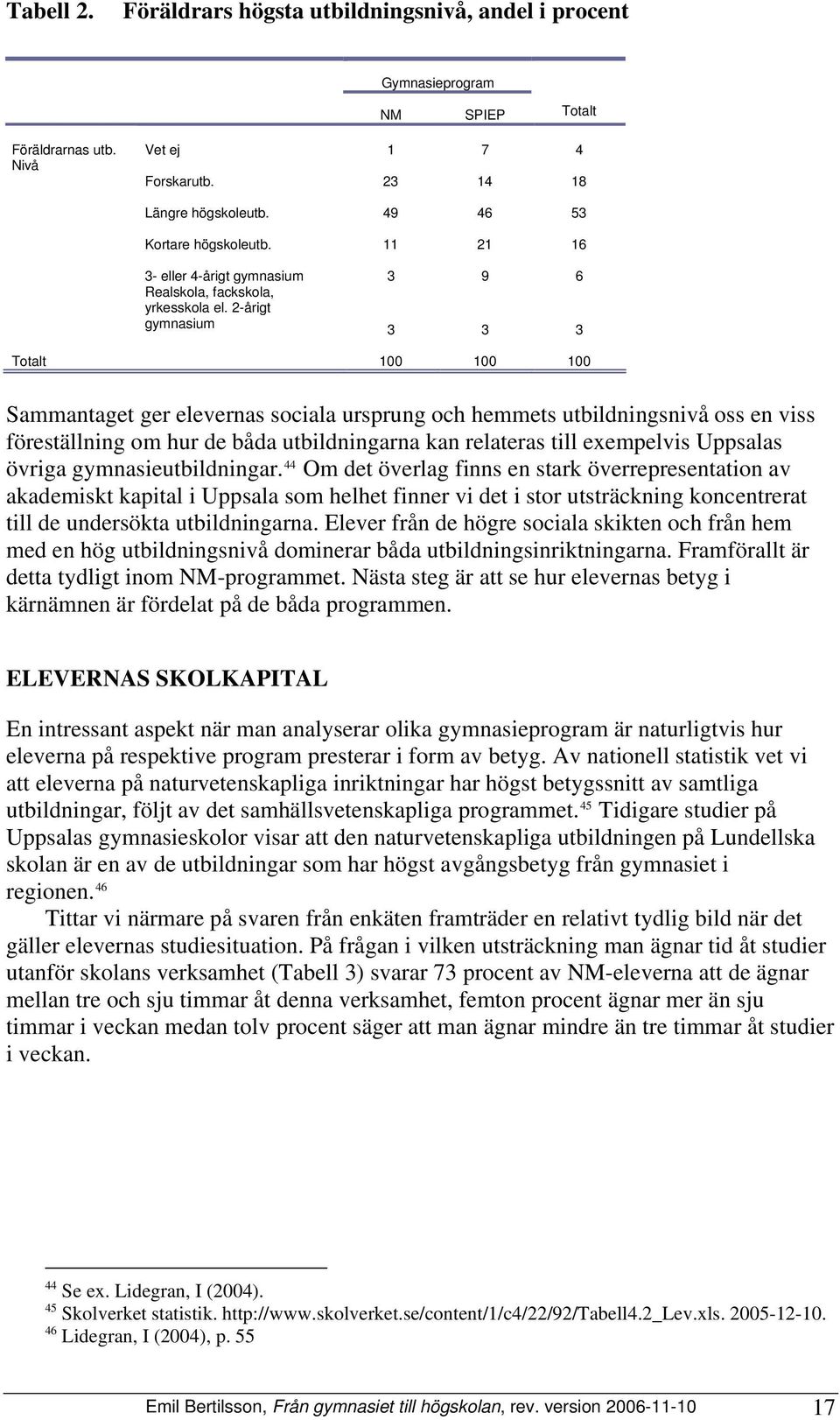 2-årigt gymnasium 3 3 3 Totalt 100 100 100 Sammantaget ger elevernas sociala ursprung och hemmets utbildningsnivå oss en viss föreställning om hur de båda utbildningarna kan relateras till exempelvis