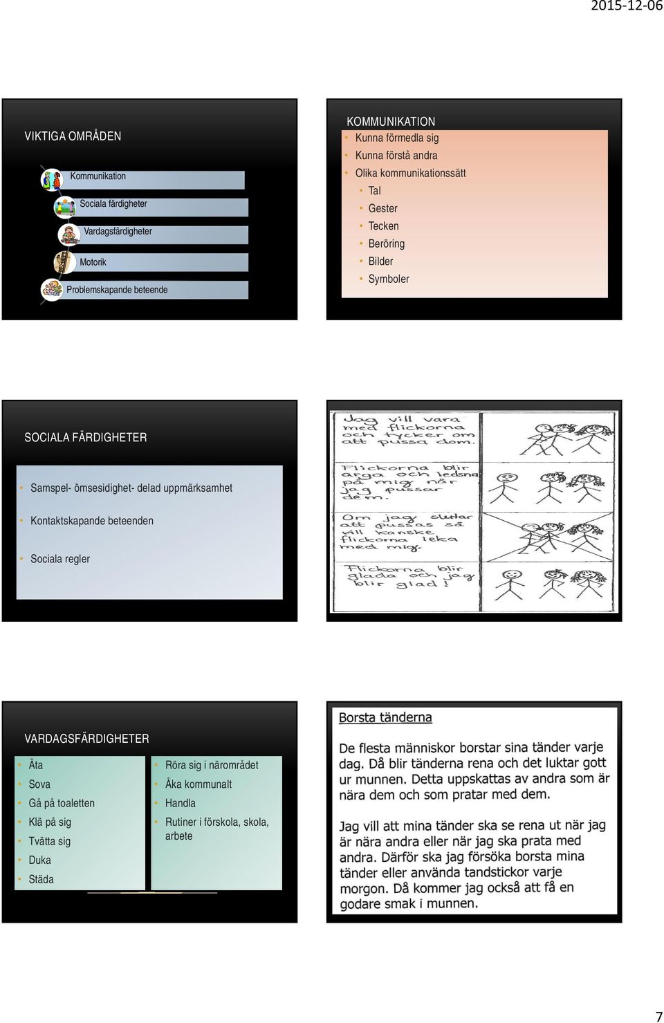 FÄRDIGHETER Samspel- ömsesidighet- delad uppmärksamhet Kontaktskapande beteenden Sociala regler VARDAGSFÄRDIGHETER Äta