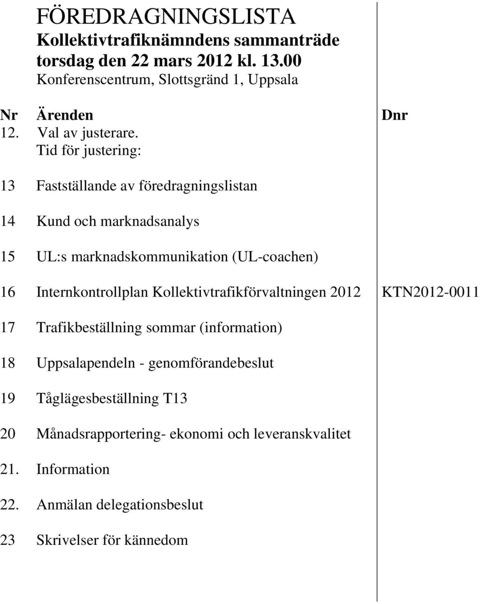 Tid för justering: 13 Fastställande av föredragningslistan 14 Kund och marknadsanalys 15 UL:s marknadskommunikation (UL-coachen) 16