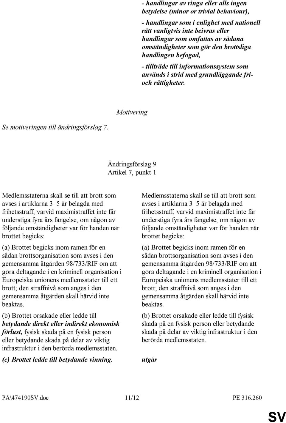 Ändringsförslag 9 Artikel 7, punkt 1 Medlemsstaterna skall se till att brott som avses i artiklarna 3 5 är belagda med frihetsstraff, varvid maximistraffet inte får understiga fyra års fängelse, om